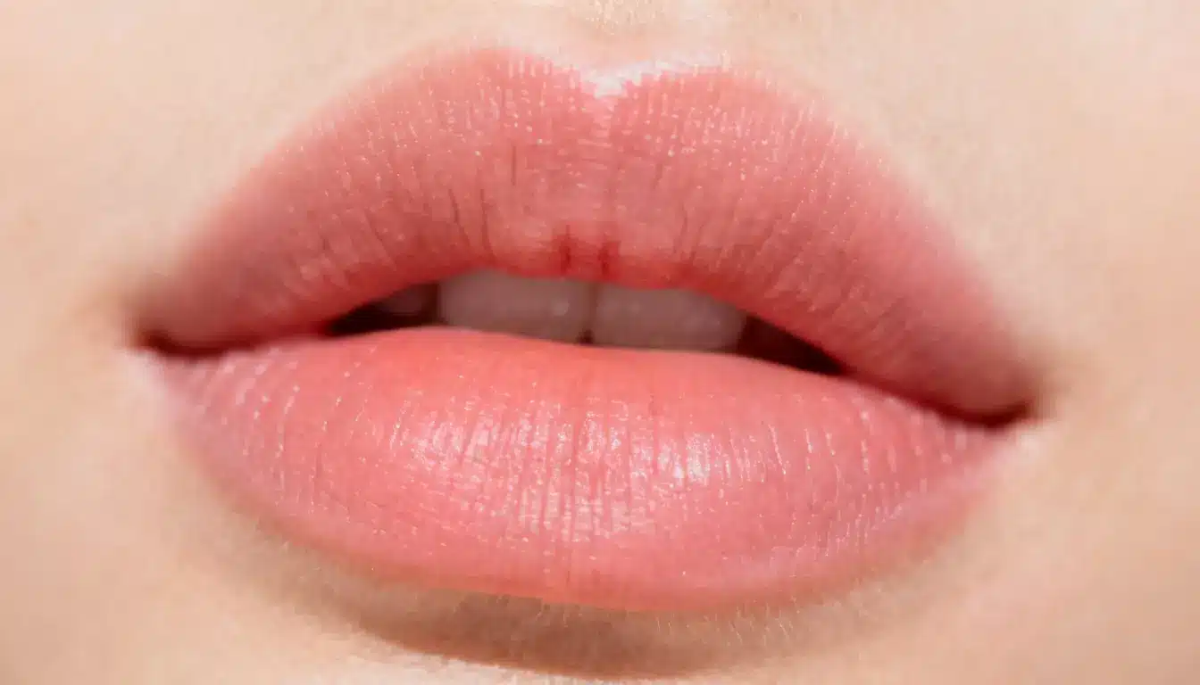 Close-up of a woman's lips adorned with vibrant pink lipstick, highlighting their shape and texture.