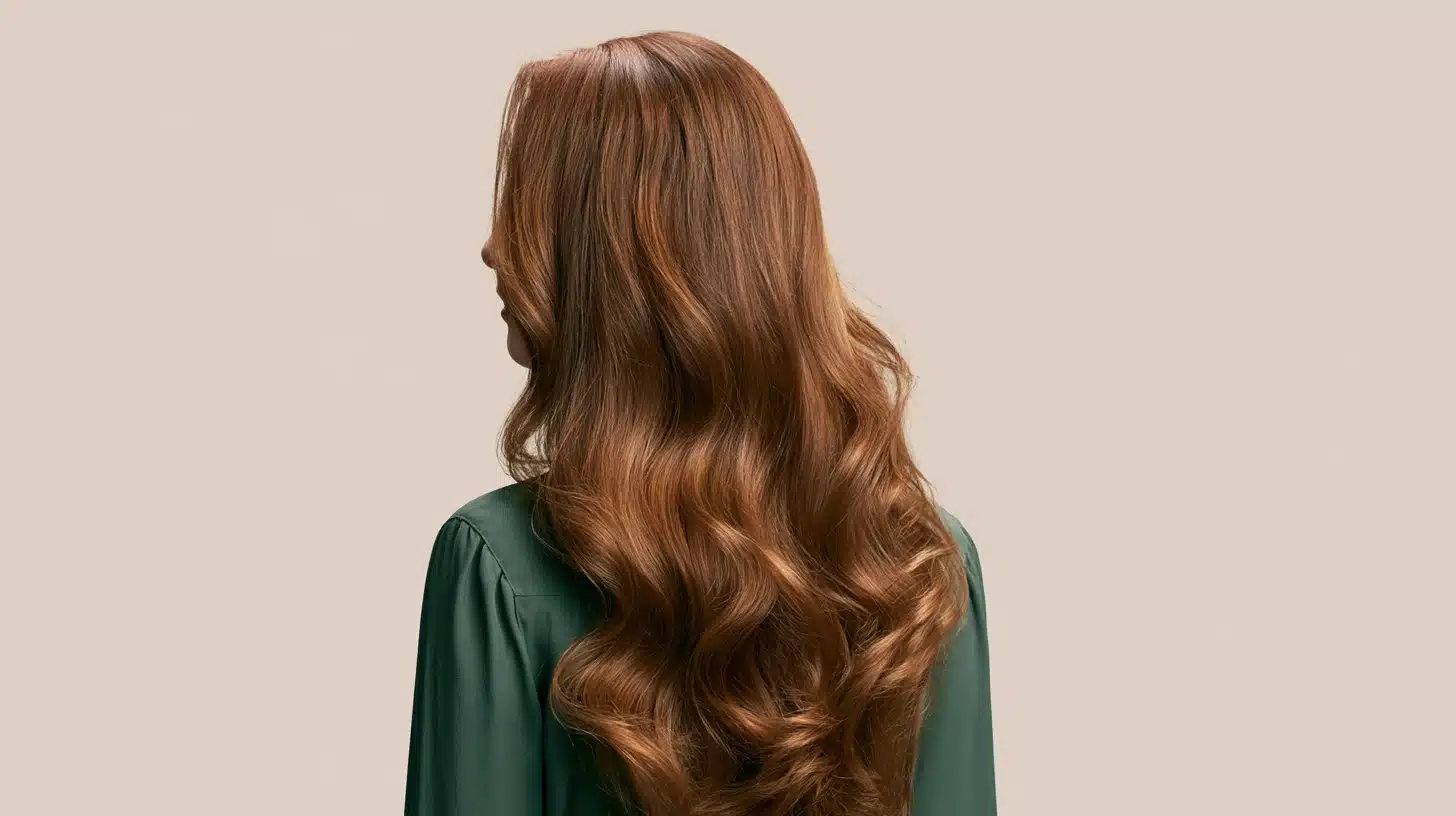 Back view of a woman with long, wavy hair styled in a loose perm, showcasing the texture and volume of her locks.