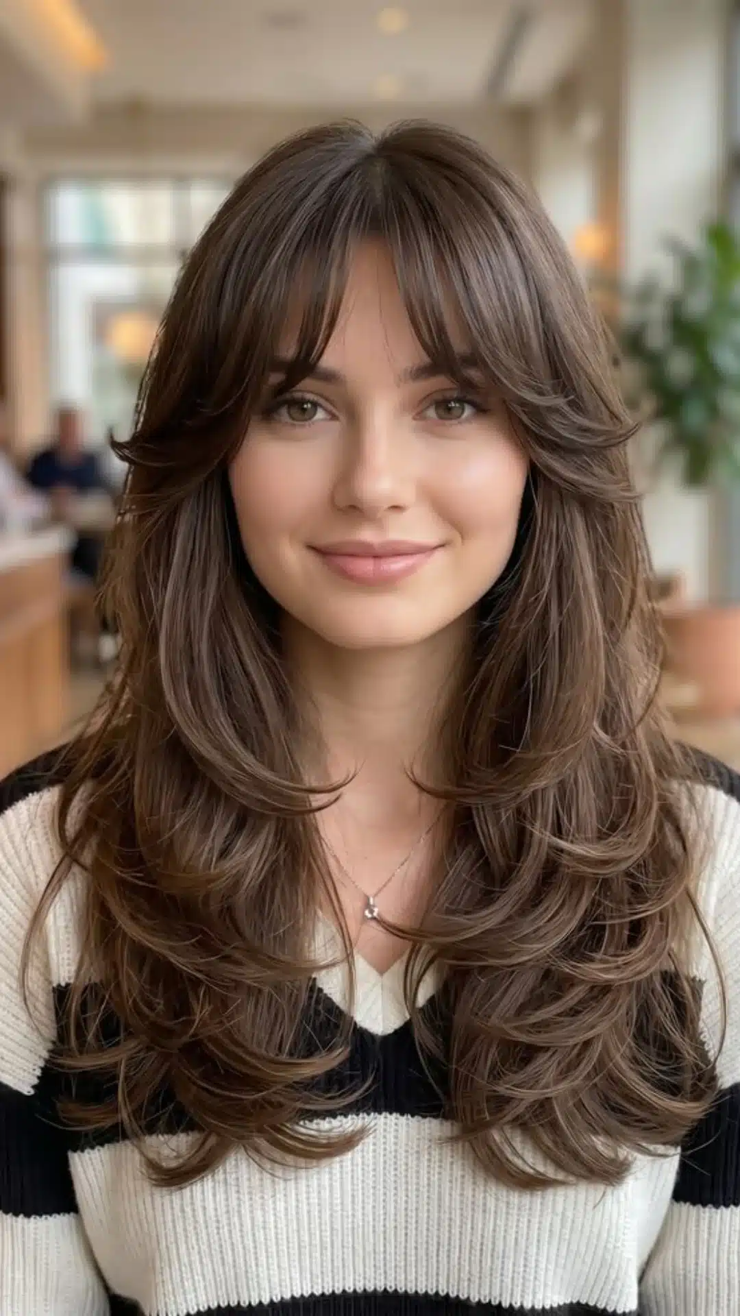 A smiling young woman with long, layered brown hair featuring curtain bangs and face-framing layers, wearing a black and white striped sweater in an indoor setting.