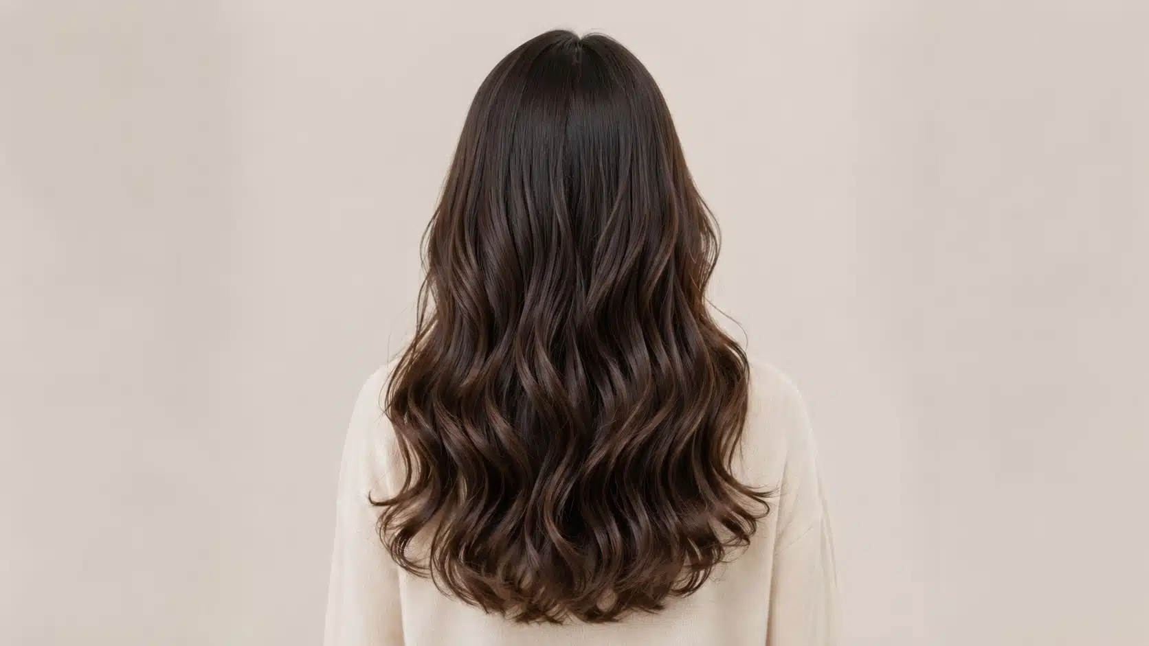 Back view of a woman with long, loose body wave perm, showcasing voluminous, flowing waves in her hair.