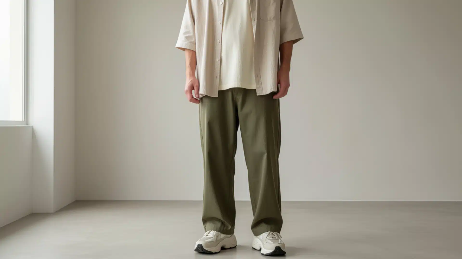 Model stands wearing an unbuttoned cream short sleeved shirt over a cream t shirt and olive green loose fit chinos
