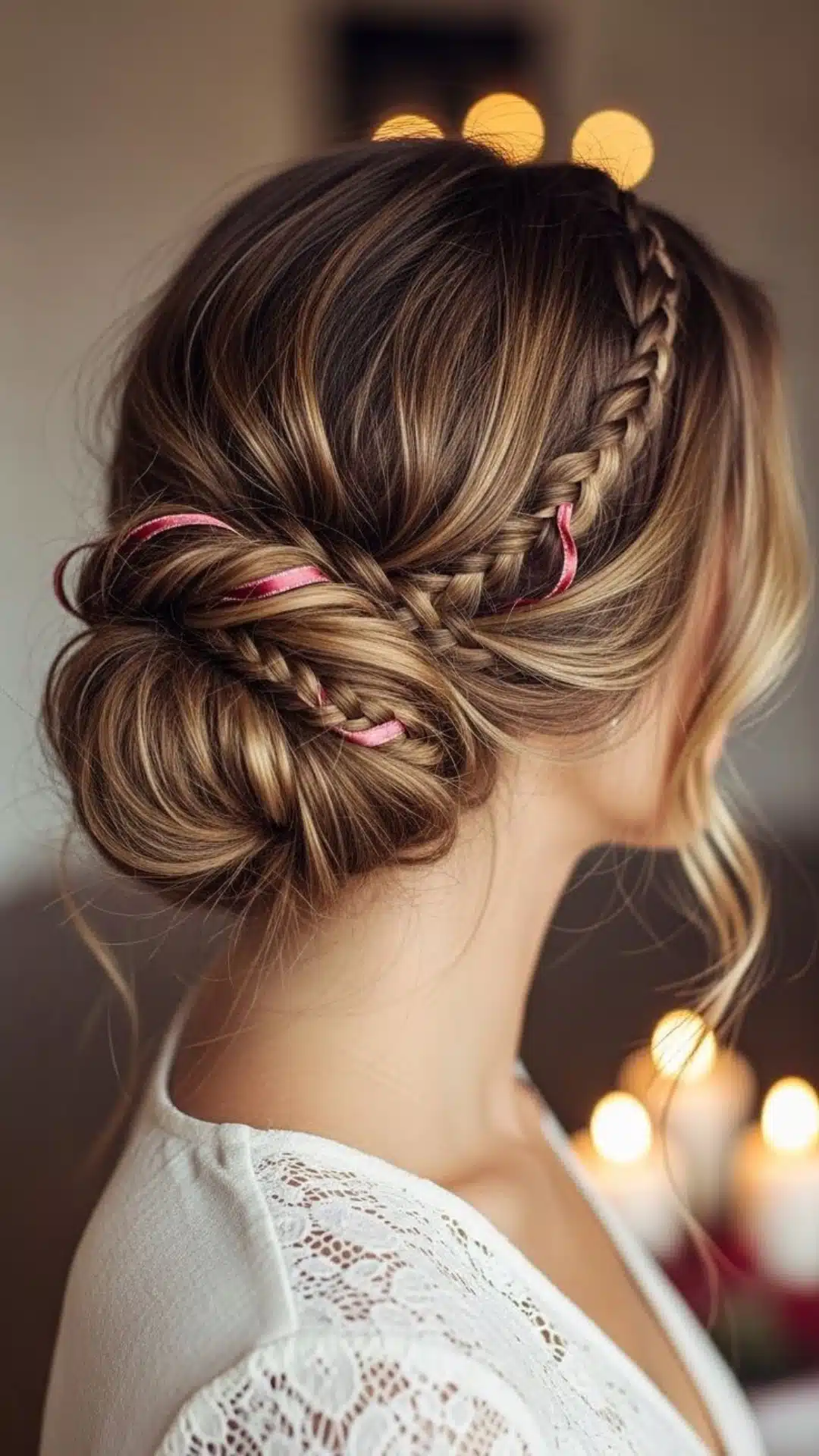 Braided updo with a pink ribbon woven through, styled near candlelight