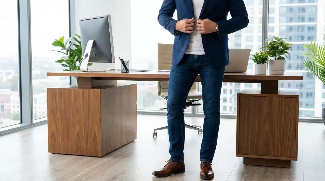 Man in a navy blazer and jeans stands in a modern, bright office with a large wooden desk and city views