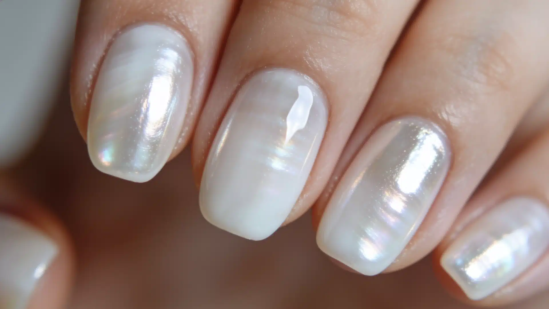 Close-up of a woman's hand with glossy white nails and a reflective pearlescent shell, showcasing a modern, elegant look.