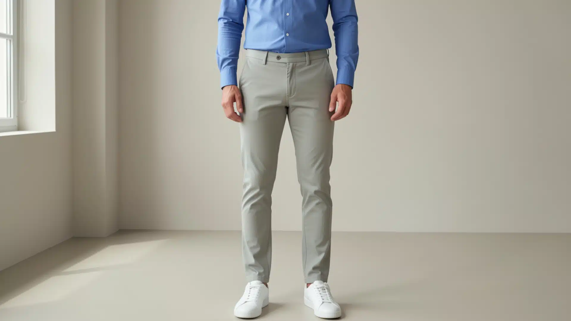 Man in blue dress shirt and gray slim fit chinos with white sneakers stands in a minimalist room