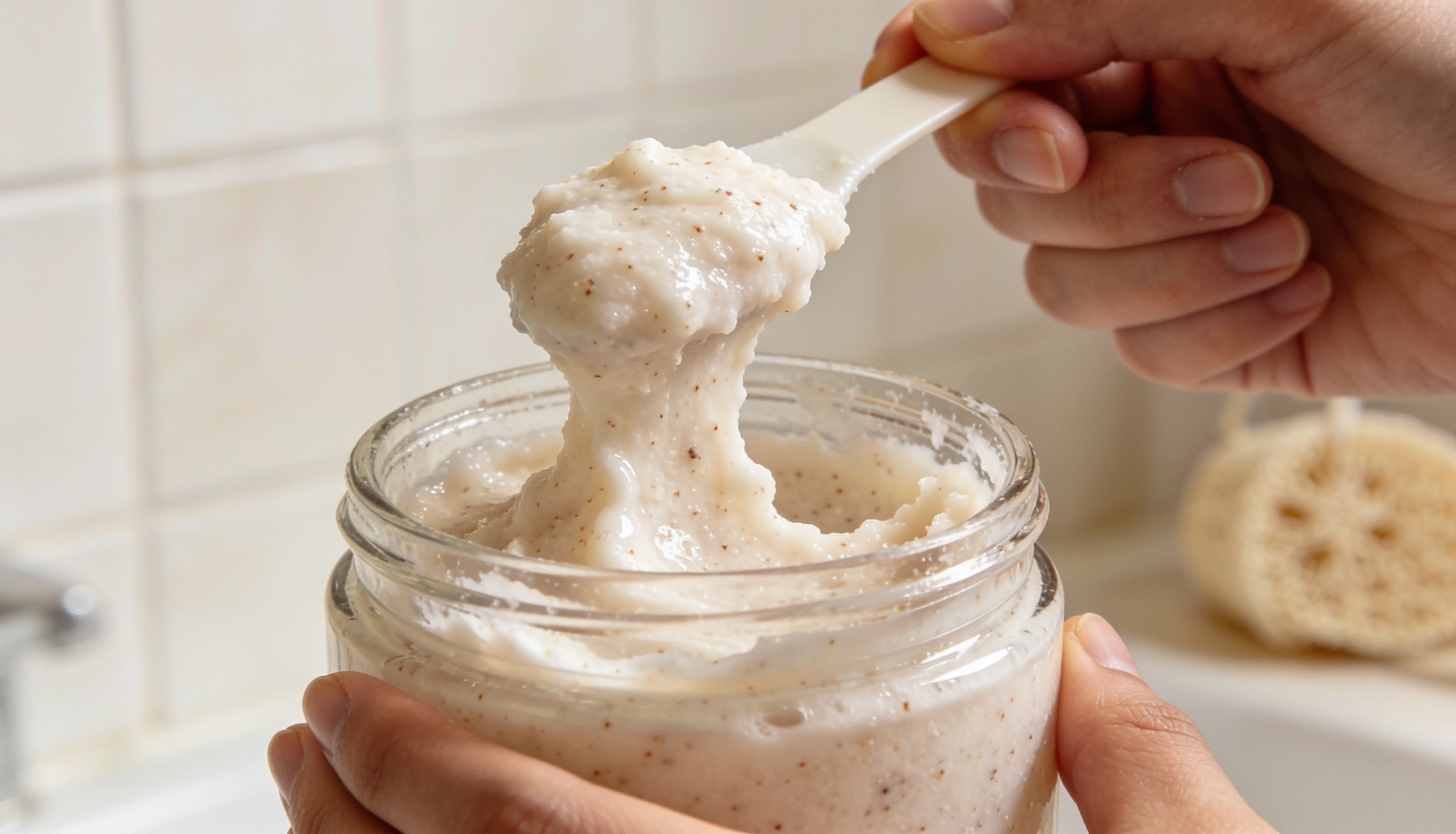 Spoon lifting a scoop of homemade oat scrub from a glass jar, showing the texture of a diy face scrub