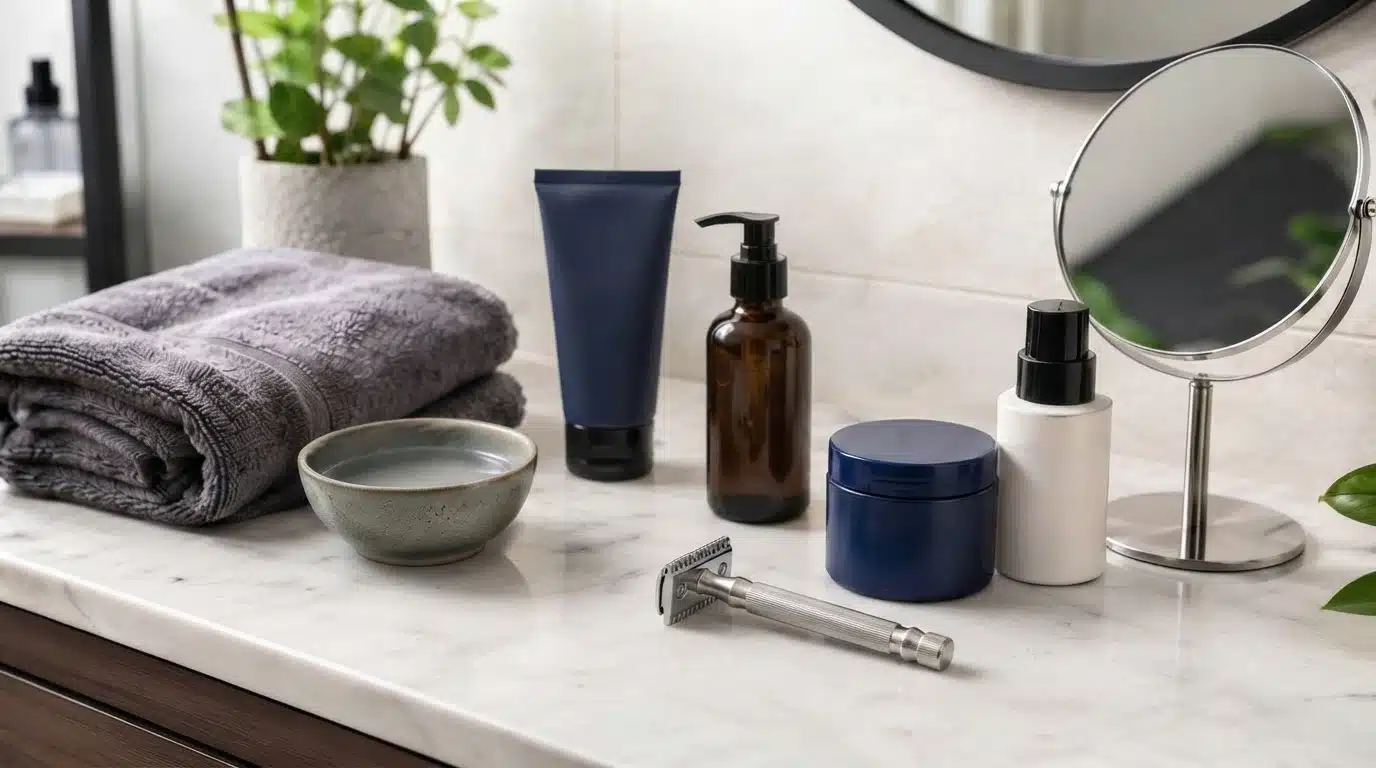 A collection of grooming products, including a razor, lotions, and a mirror, are displayed on a marble countertop.