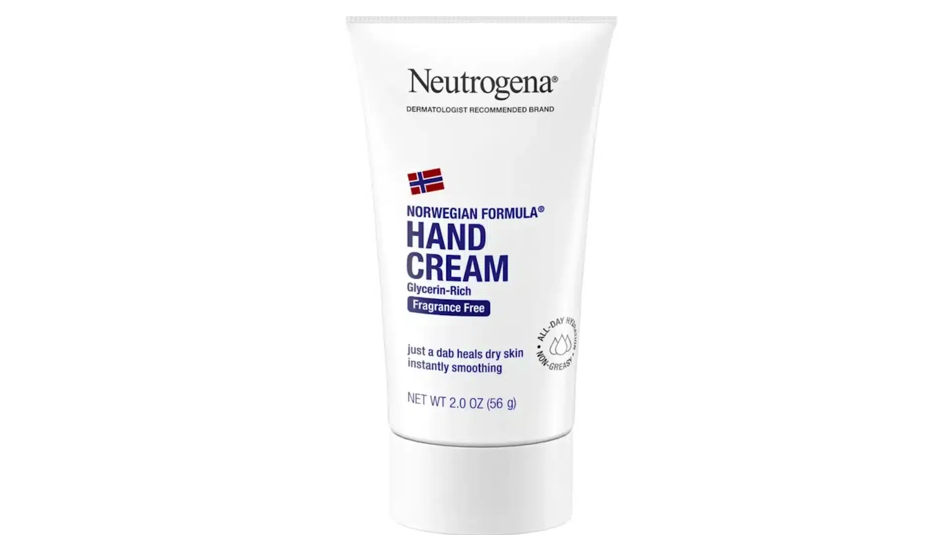 Neutrogena Norwegian Formula Fragrance Free Hand Cream in a white tube on a clean white background.