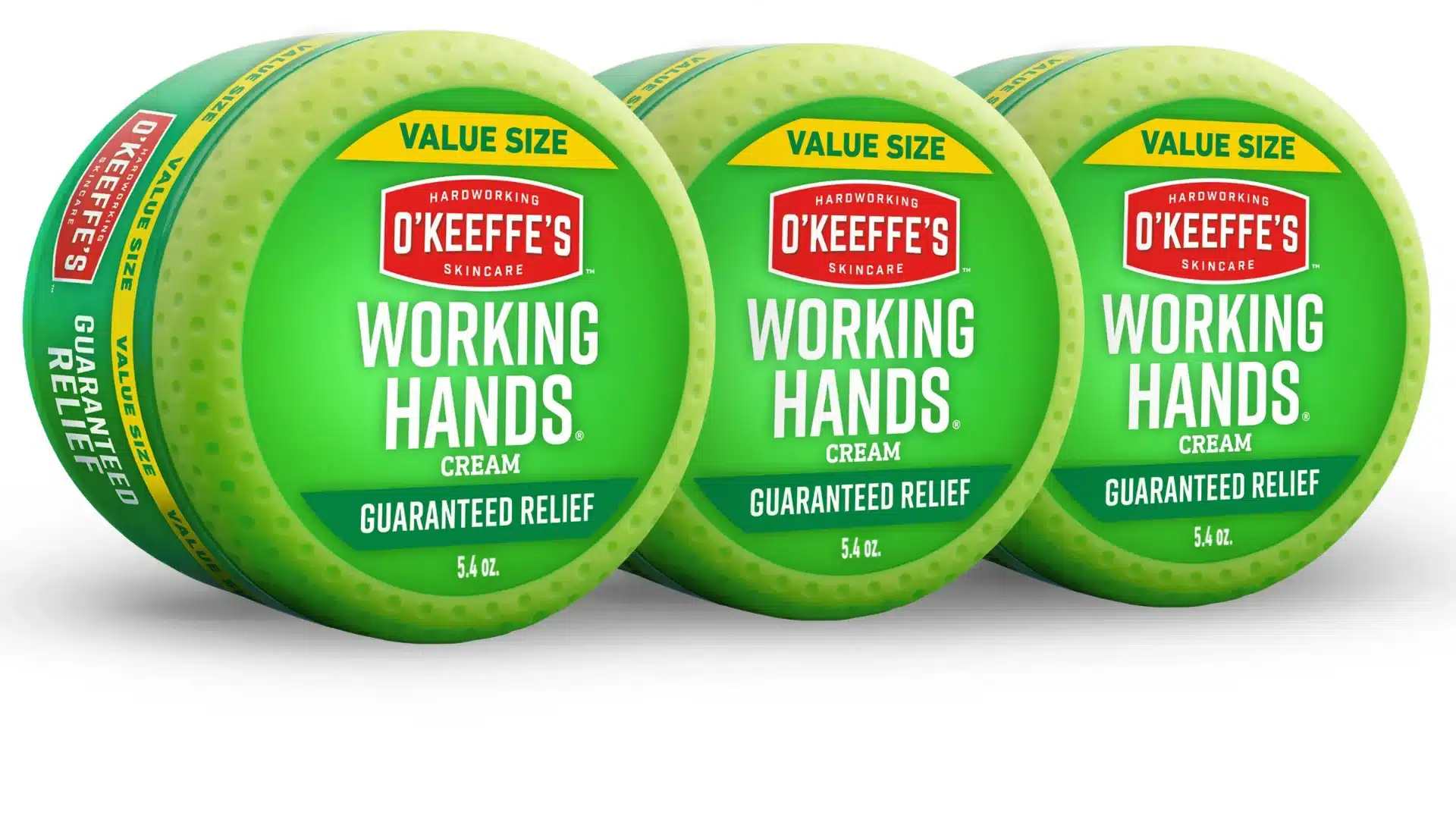 Three tubs of O'Keeffe's Working Hands cream with value size and guaranteed relief labels.