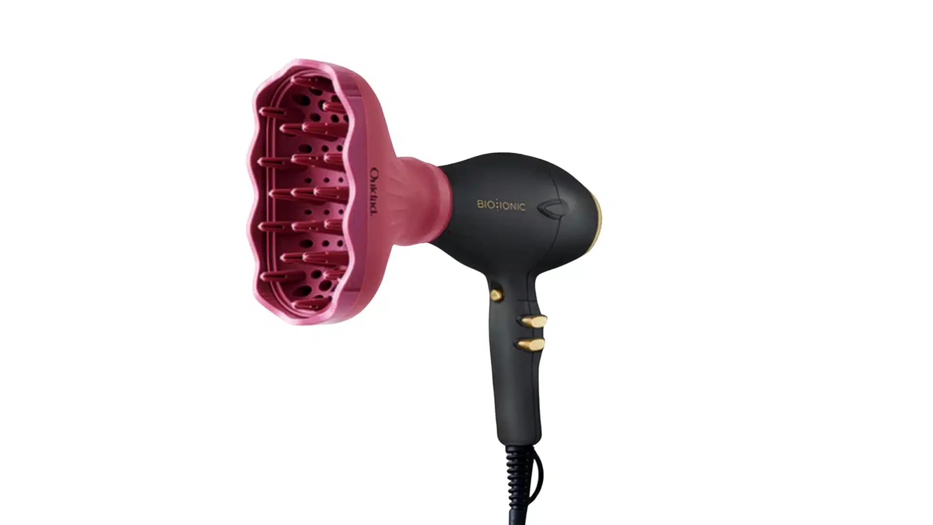 Black hair dryer with a pink diffuser attachment on a white background.