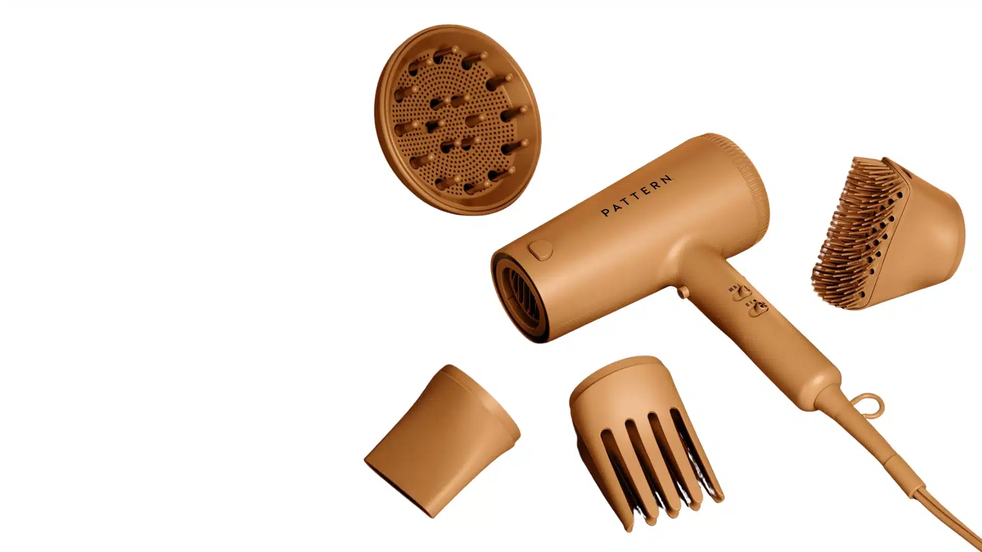 Bronze Pattern hair dryer with five styling and diffuser attachments.
