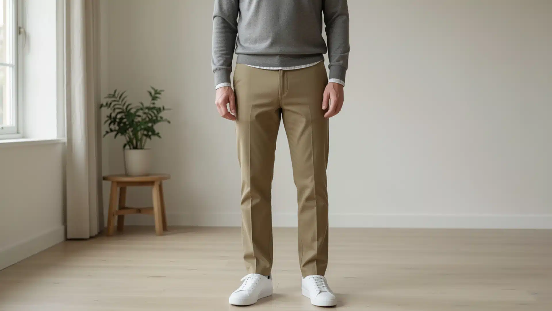 Man wearing a grey sweater over a white shirt and khaki regular fit chinos with white sneakers