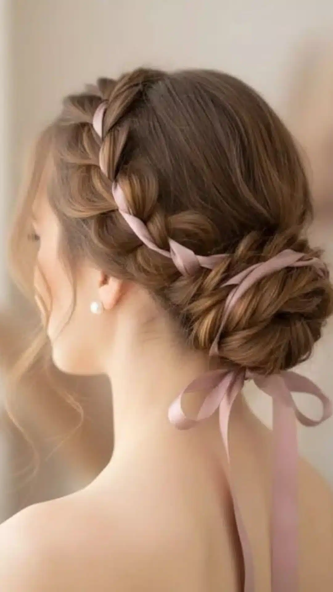 Braided crown updo with a pink ribbon tied into a bow at the nape