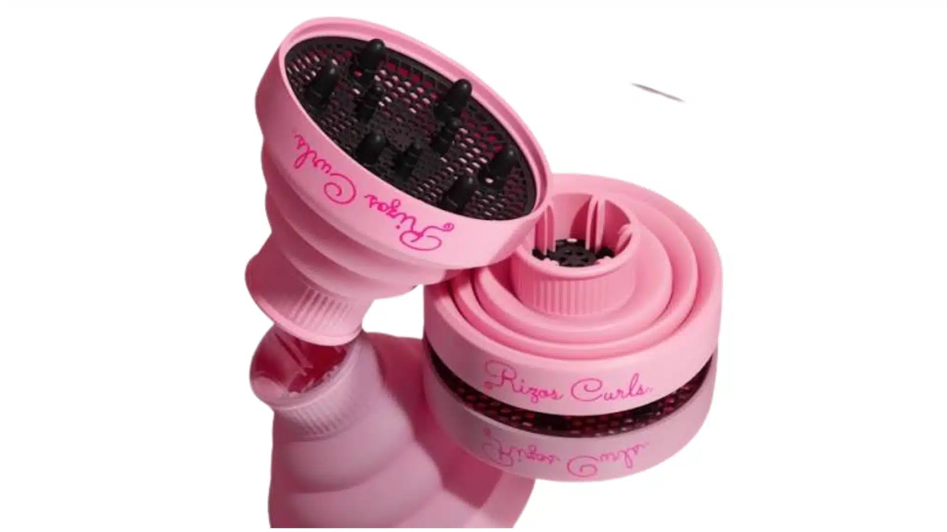 Pink collapsible universal hair dryer diffuser attachments on a white background.