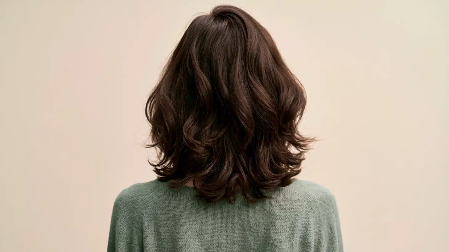 Back view of a woman with brown hair styled in a root wave perm, showcasing soft, voluminous curls.