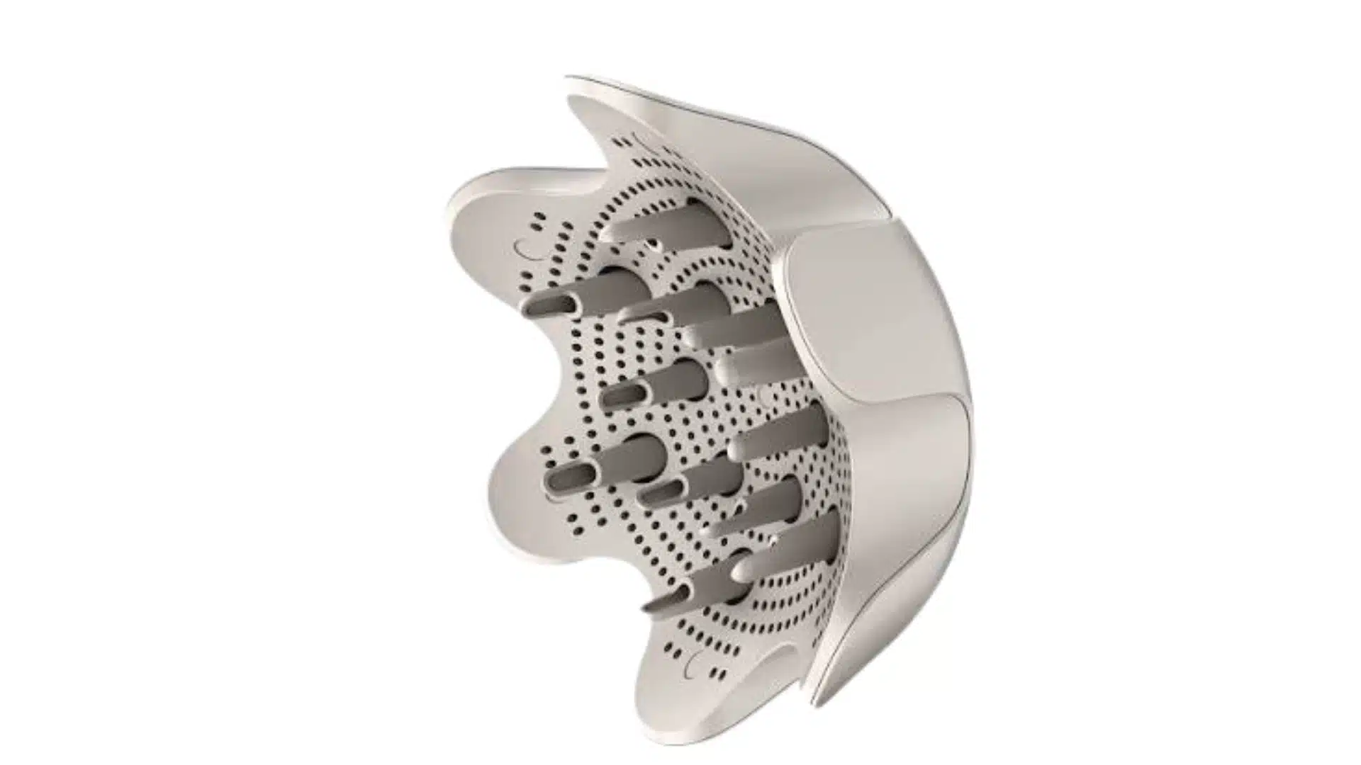 Silver color curl defining diffuser attachment with gray prongs.