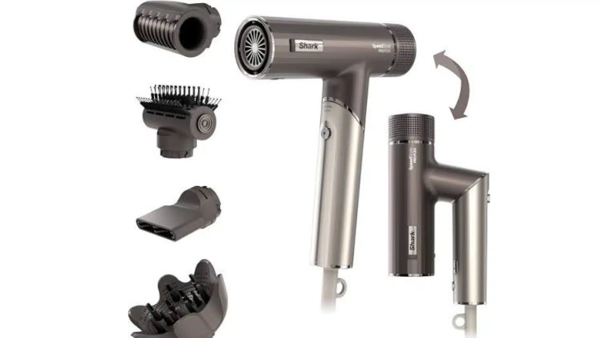 Gray Shark folding hair dryer with multiple styling attachments.