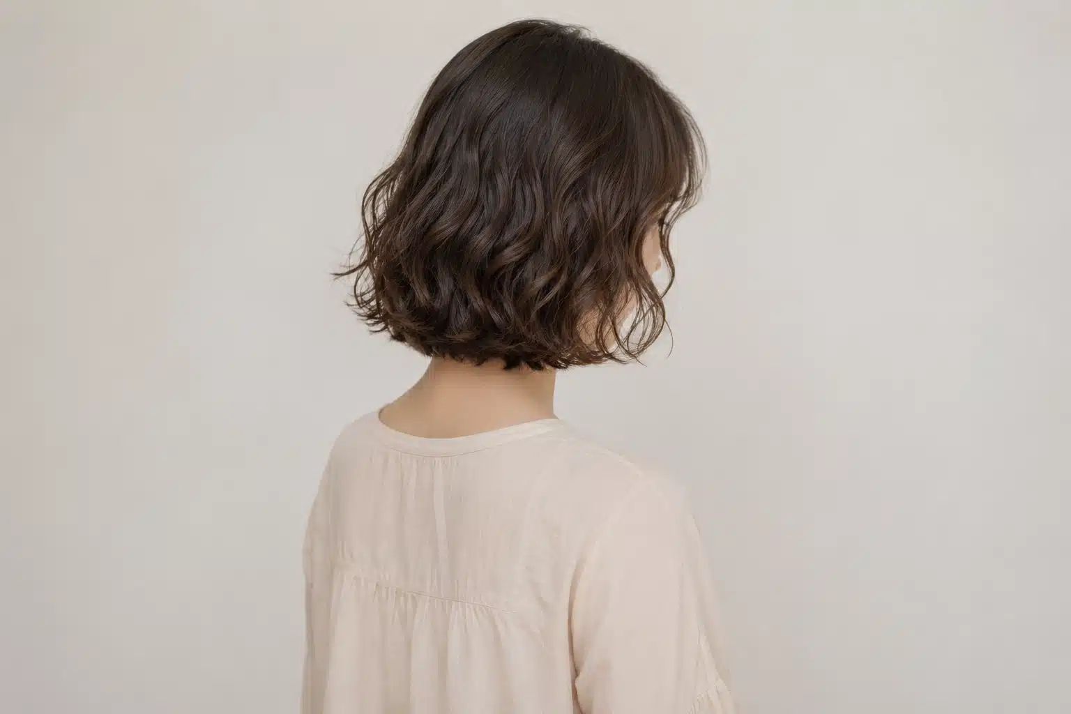 A woman with short, wavy hair wearing a beige top, showcasing a stylish wave perm hairstyle.