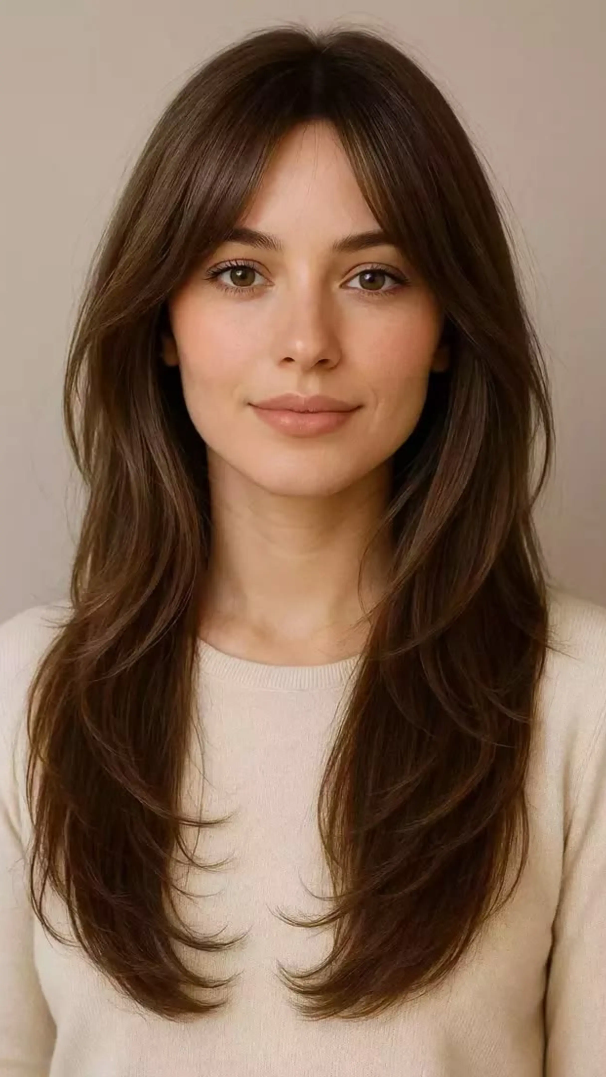 A young woman with long, layered brown hair and curtain bangs smiles softly while wearing a neutral-toned top against a plain background.