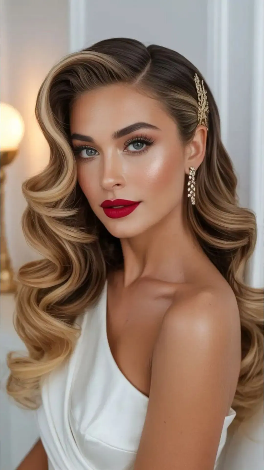 Close-up portrait of a glamorous woman with vintage-style sculpted blonde and brown waves, bold red lips, and a decorative gold hair clip pinned on one side.