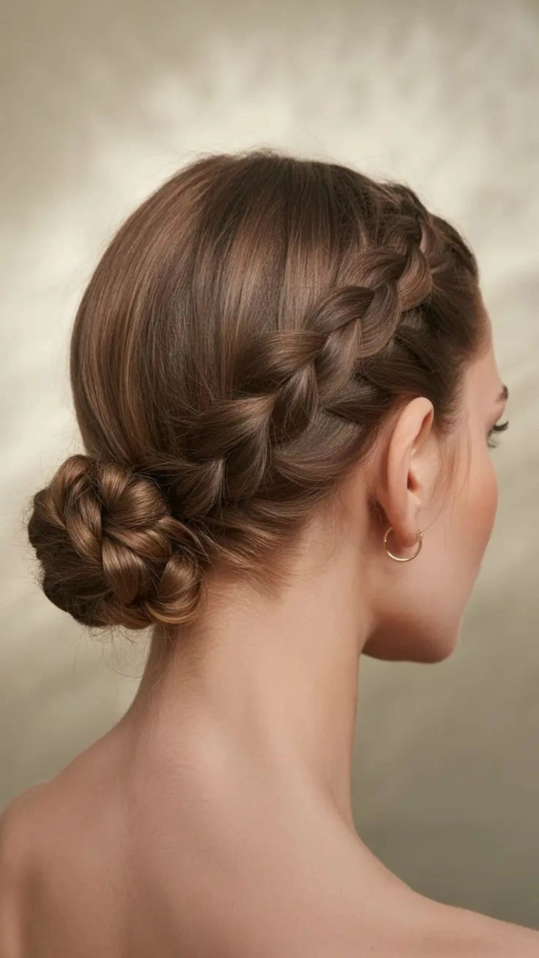 Side braid leading into a neat low bun with a hoop earring visible