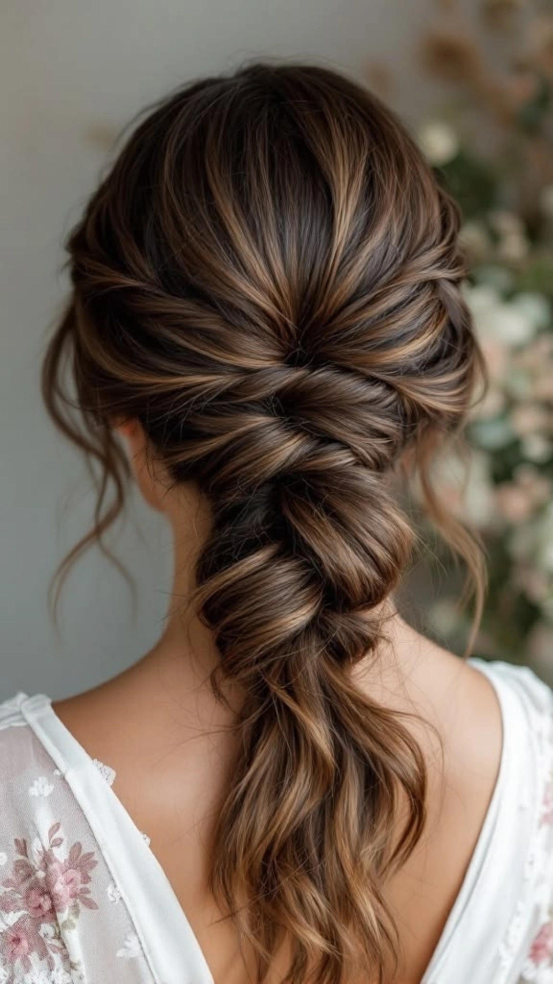 Low braided ponytail with soft waves, styled for a bridesmaid look