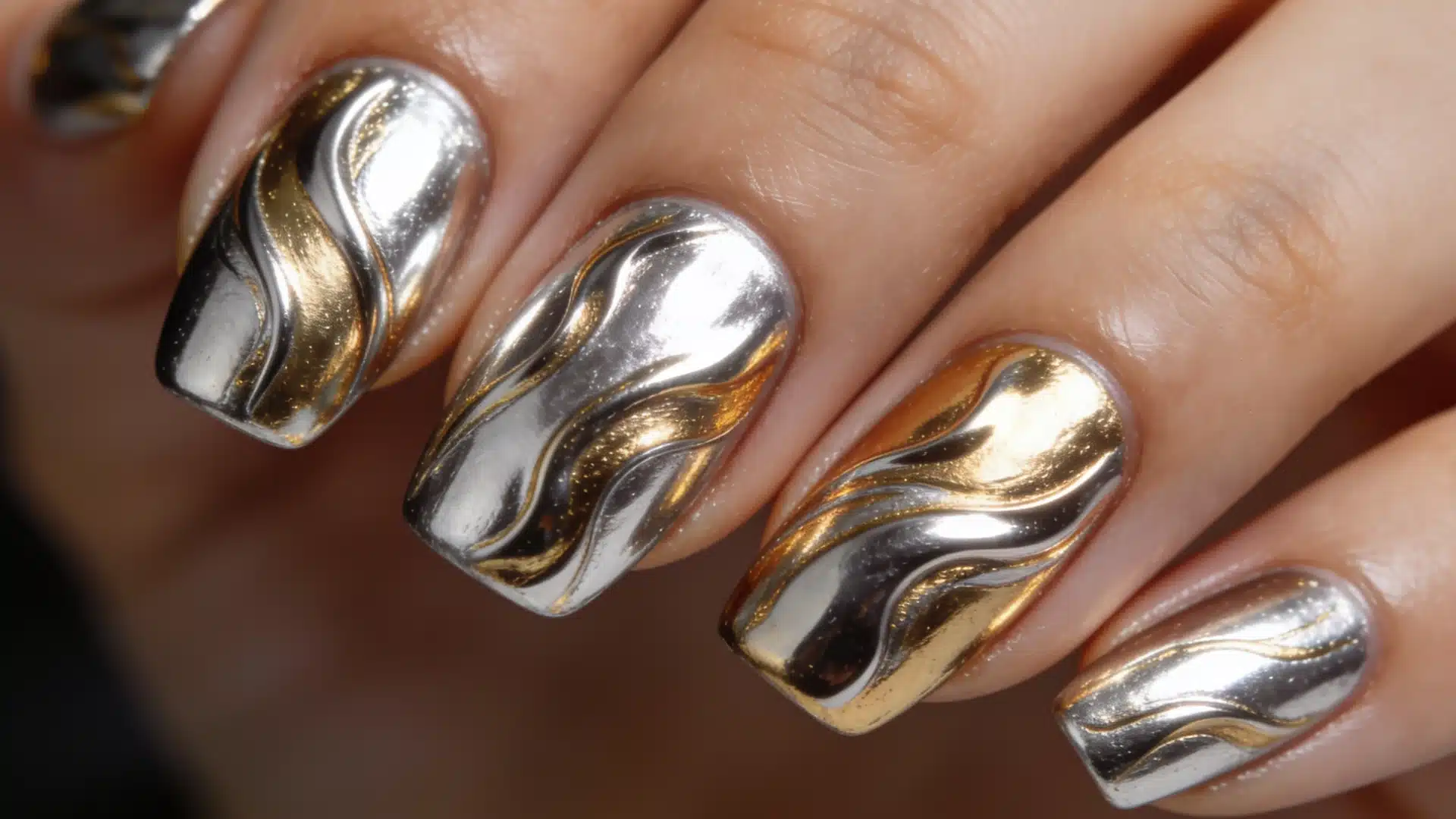 A close-up of a woman's hand showcasing gold and silver nail polish on her manicured nails.