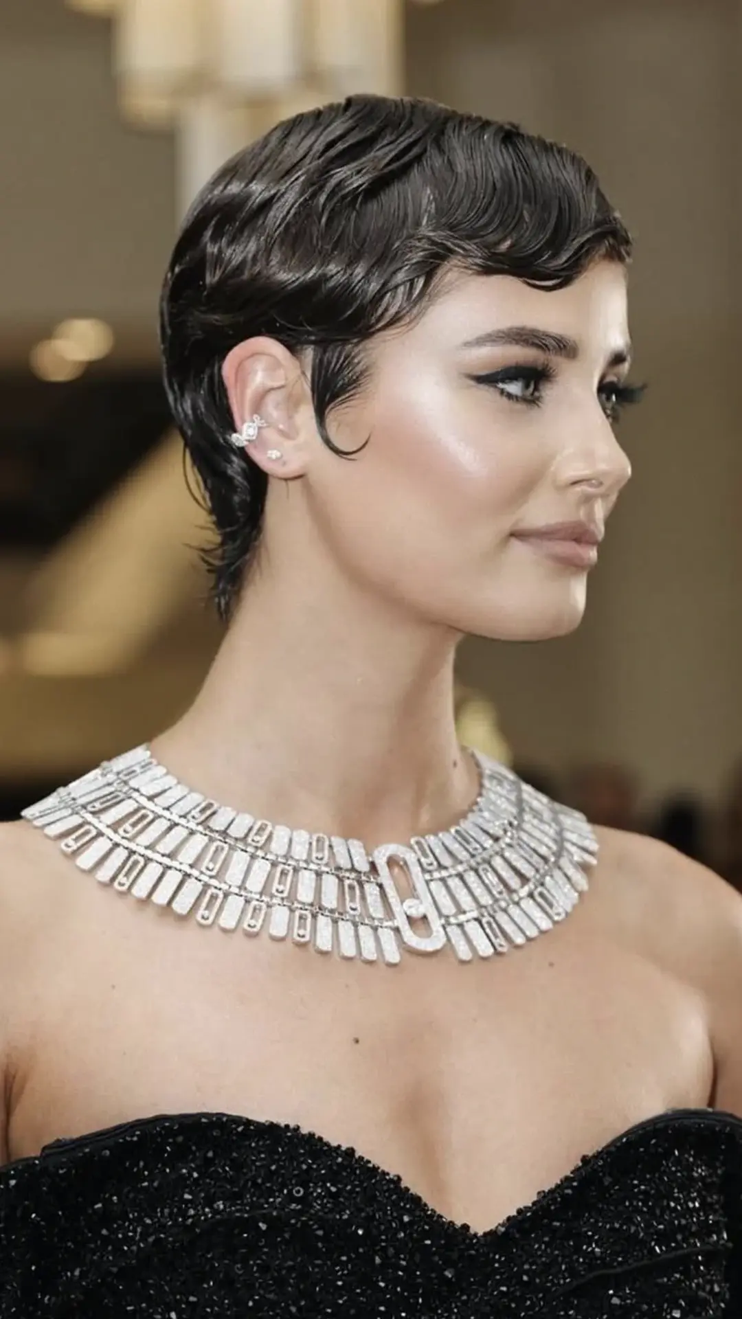 Profile view of a woman with short dark hair in finger waves, wearing a dramatic, multi-tiered diamond choker necklace and a black strapless gown, accented by a diamond ear cuff and winged eyeliner.