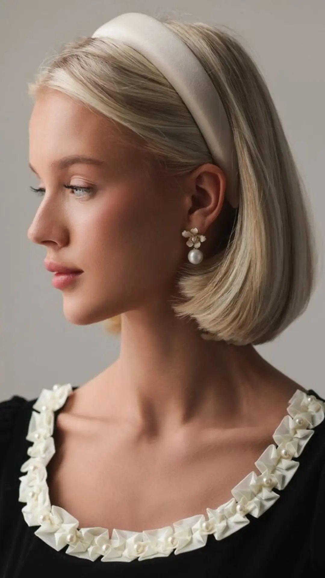Profile shot of a blonde woman with a short bob wearing a cream headband, flower and pearl earrings, and a black top with white ruffled trim along the neckline.