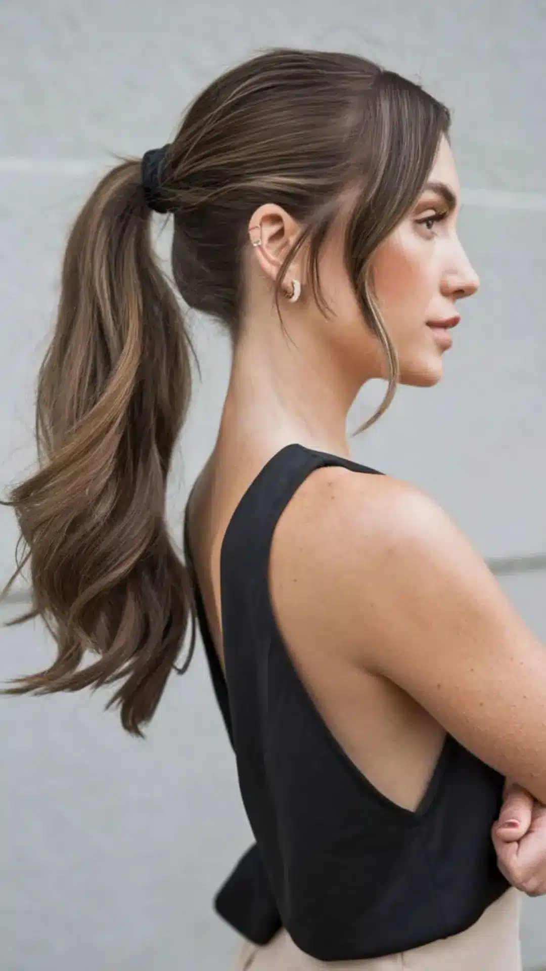 A woman in profile view with long, dark brown hair styled in a high, wavy ponytail with face-framing tendrils.