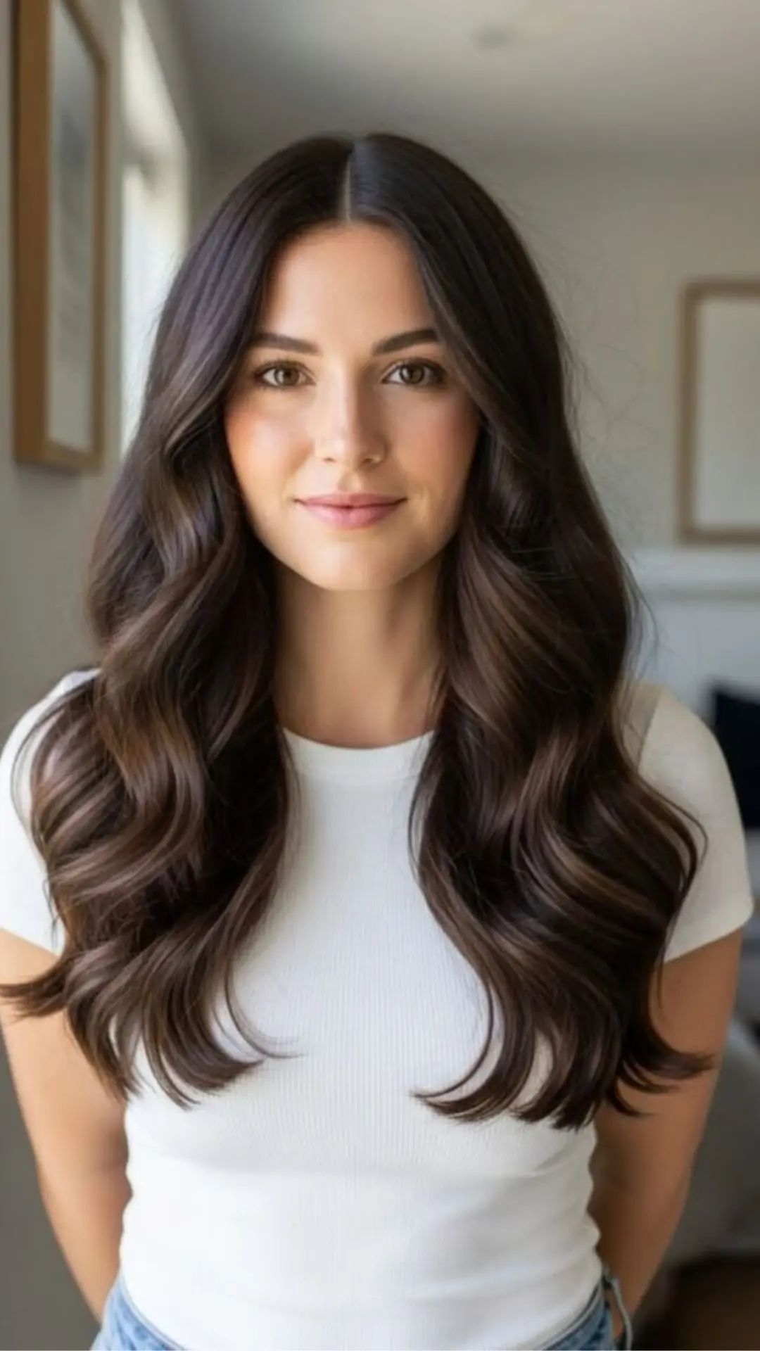 A woman with long, dark, wavy hair and a center part smiles gently while wearing a white shirt in a brightly lit indoor setting.