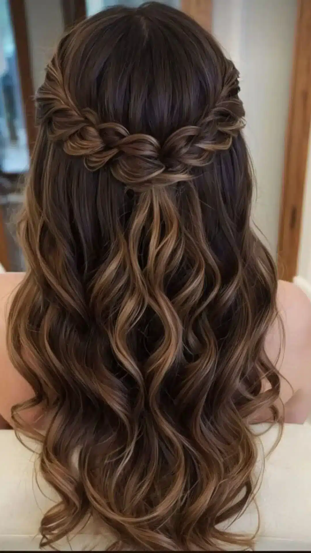 Back view of a person with long, dark brown and caramel-highlighted hair styled in a half-up, half-down twist braid with loose, cascading curls.