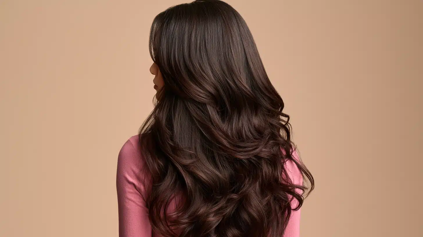 Back view of a woman with long, wavy hair styled in a soft layered perm.