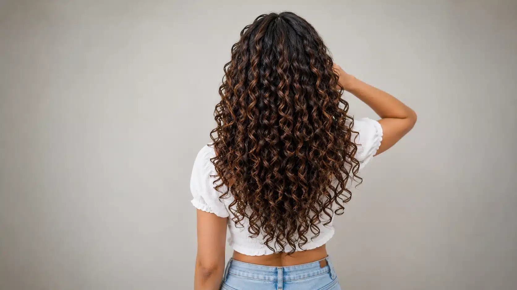 Back view of a woman with long, curly hair styled in a spiral wave perm.
