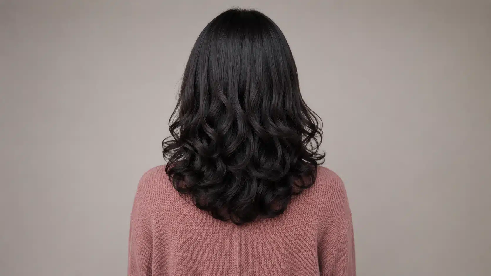 Back view of a woman with a layered stack perm hairstyle featuring voluminous curls.