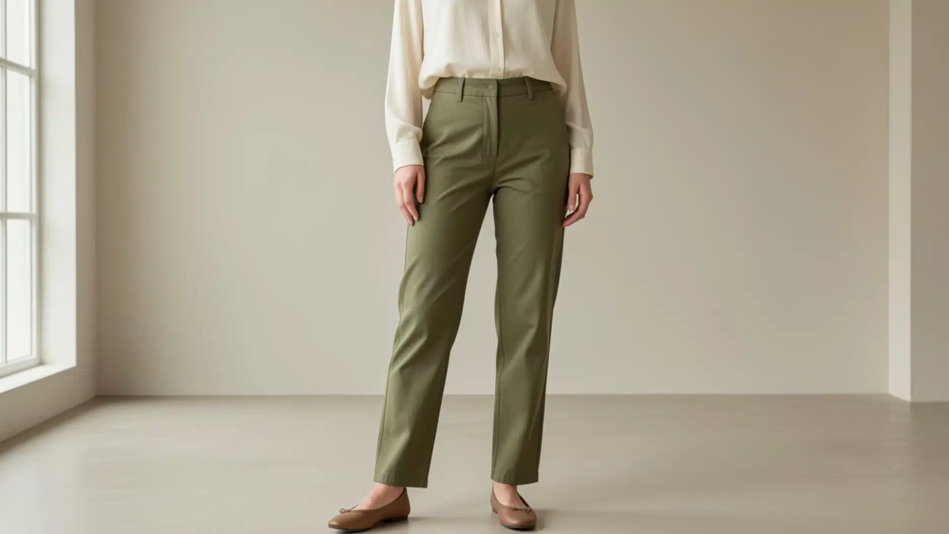 Woman wearing a cream blouse and olive green straight chinos, standing in a brightly lit room