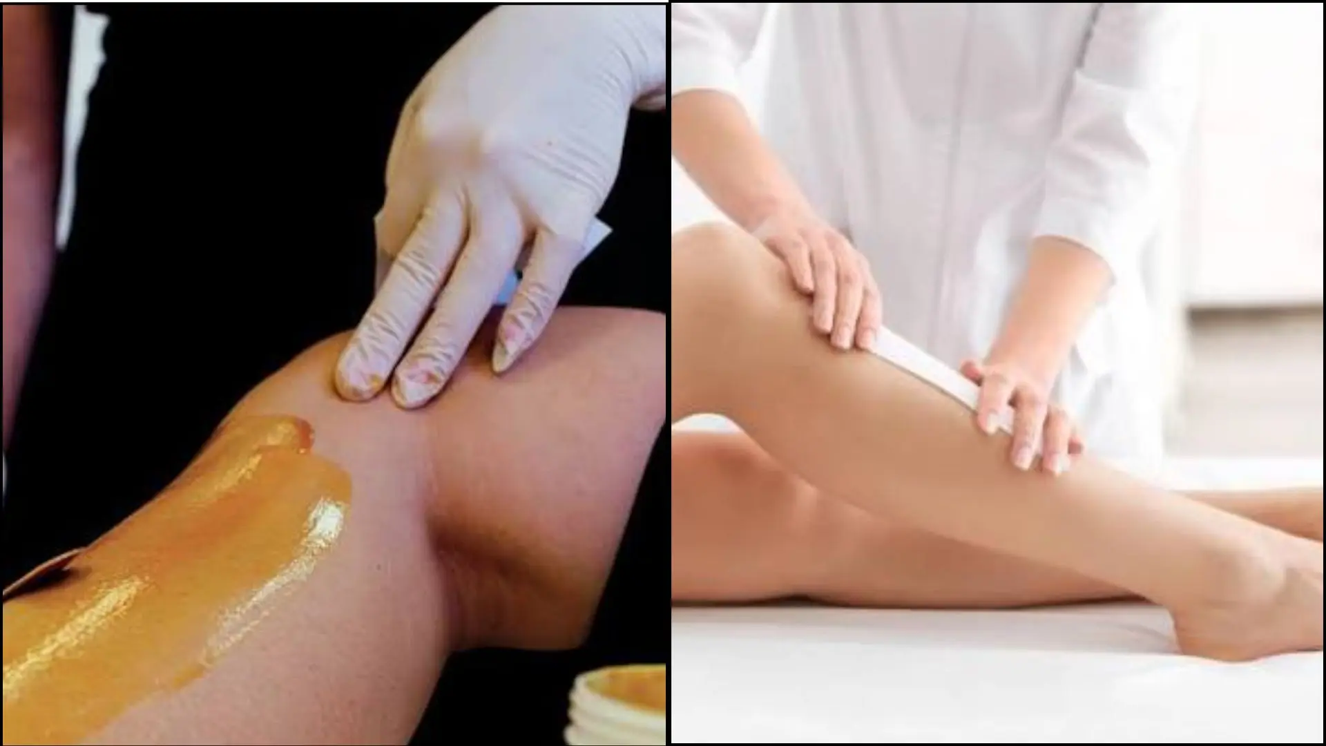 Split image shows hands applying wax to a leg on the left and a person waxing a leg on the right.