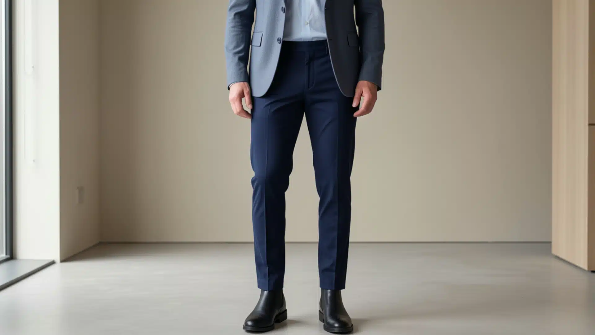 Man in a blue suit jacket and navy tapered fit chinos standing in an empty room