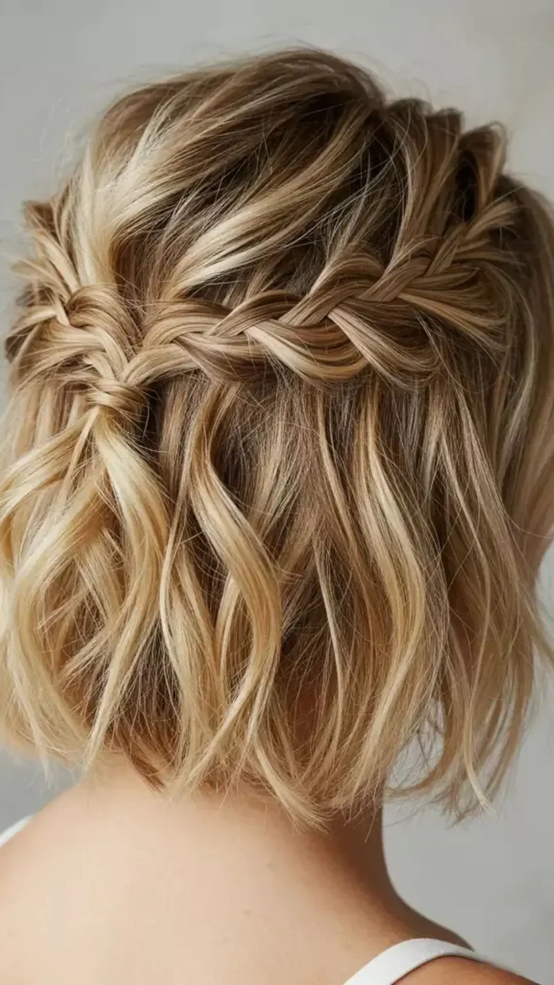 Back view of a person with shoulder-length, blonde highlighted, wavy hair styled into a half-up crown braid.