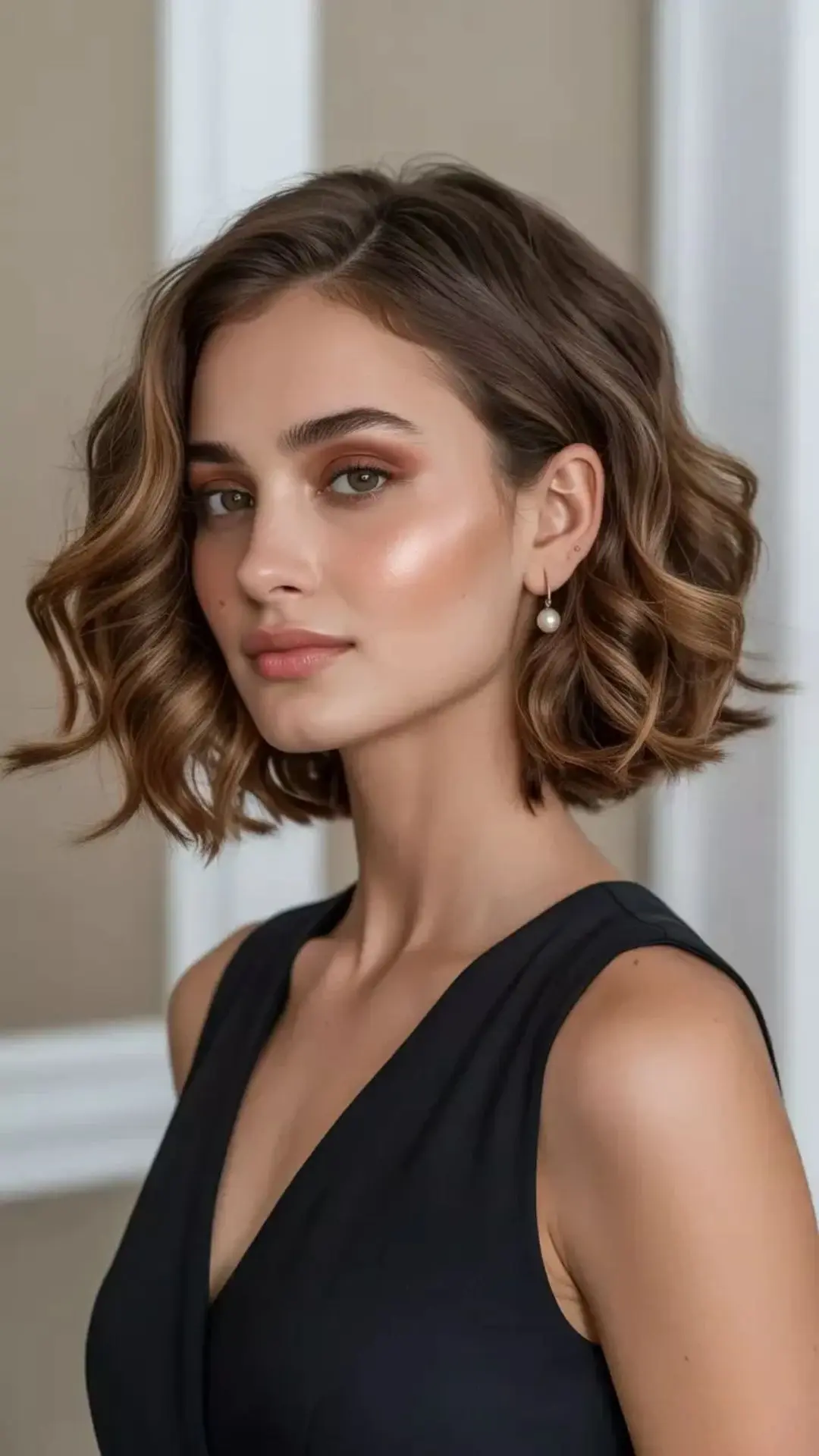 A medium shot of a young woman with wavy brown hair, wearing a black sleeveless dress and a pearl earring, looking at the camera.