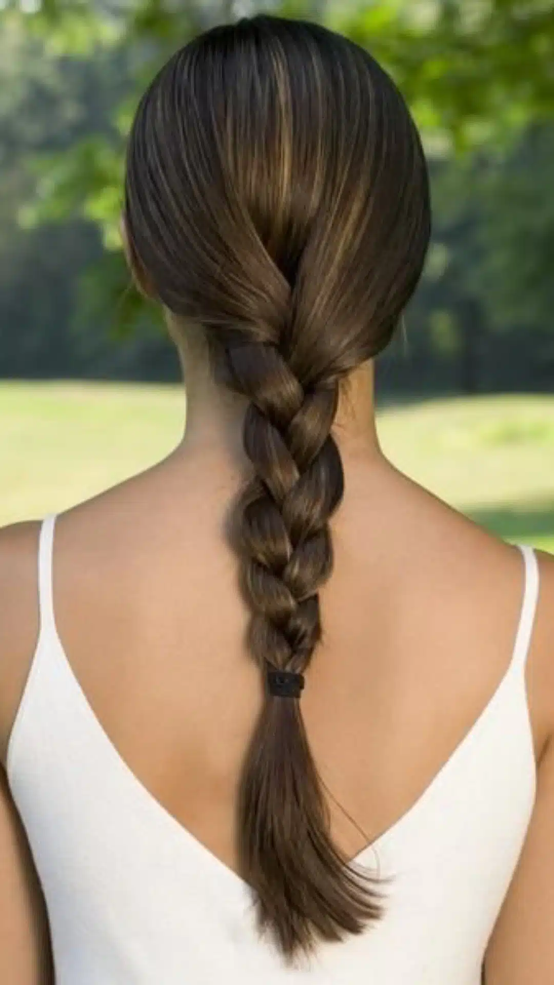 Simple three strand braid tied off at the nape of the neck