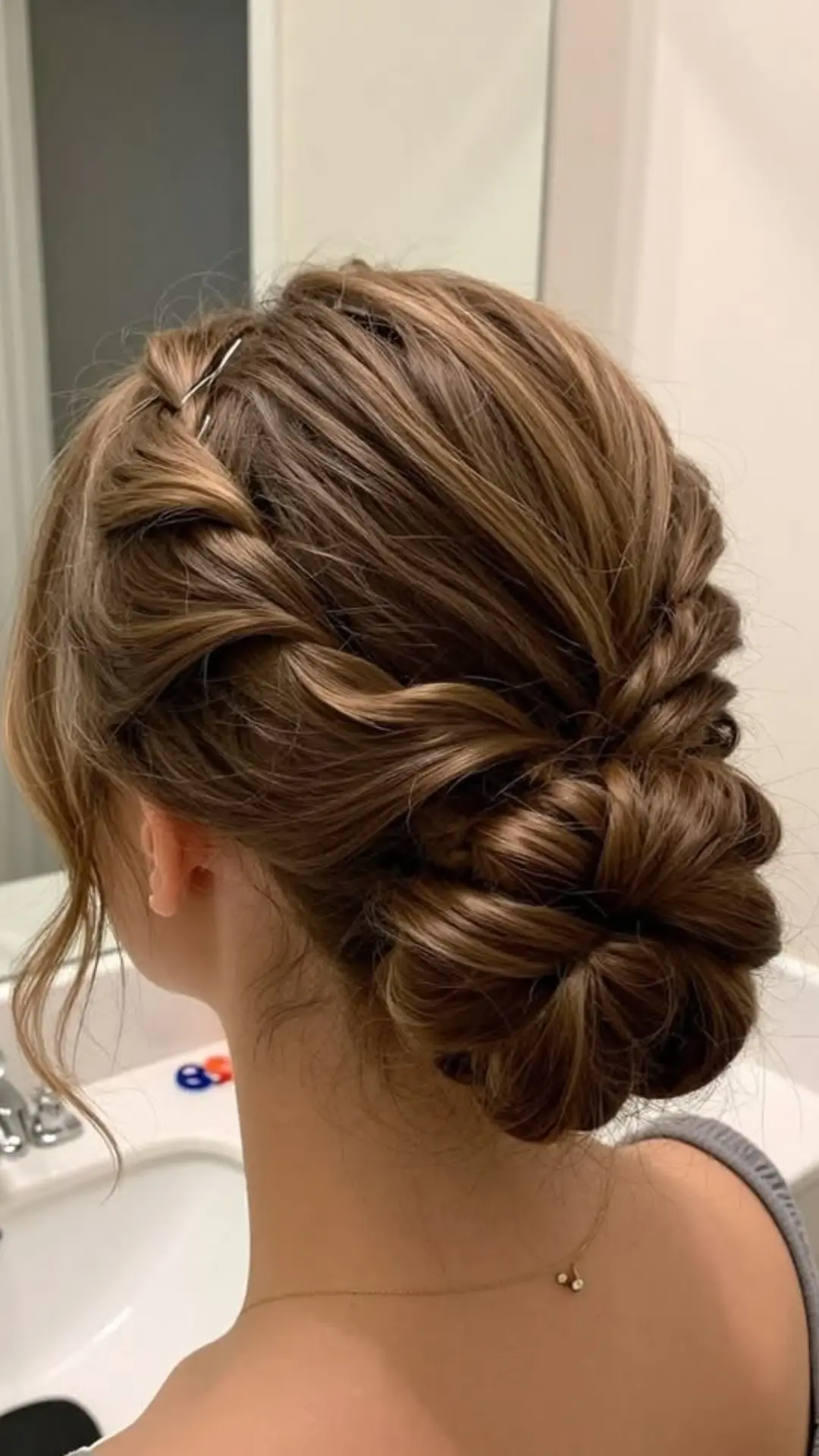 A close-up, back-of-the-head view of a person with light brown hair styled in a delicate, braided low bun with a side twist.