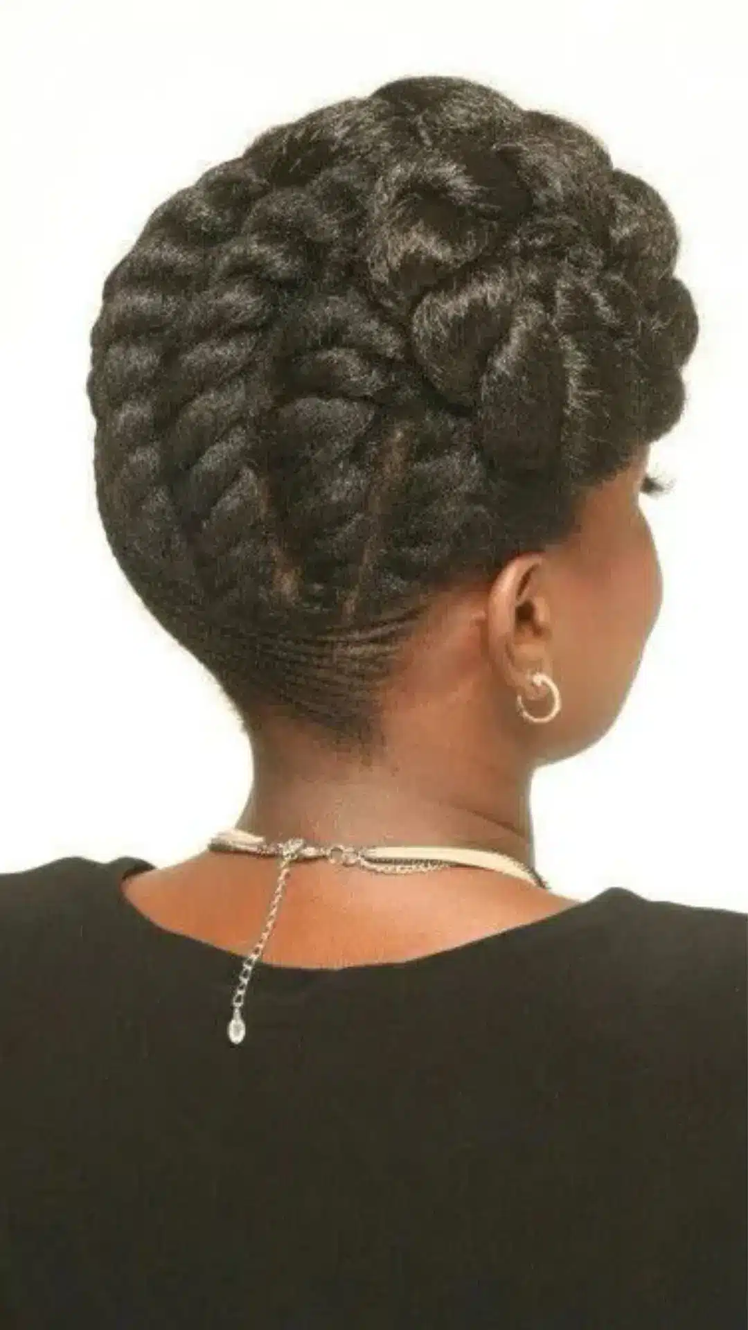 Back view of a Black woman with natural hair styled into large, textured flat twists sweeping around her head.
