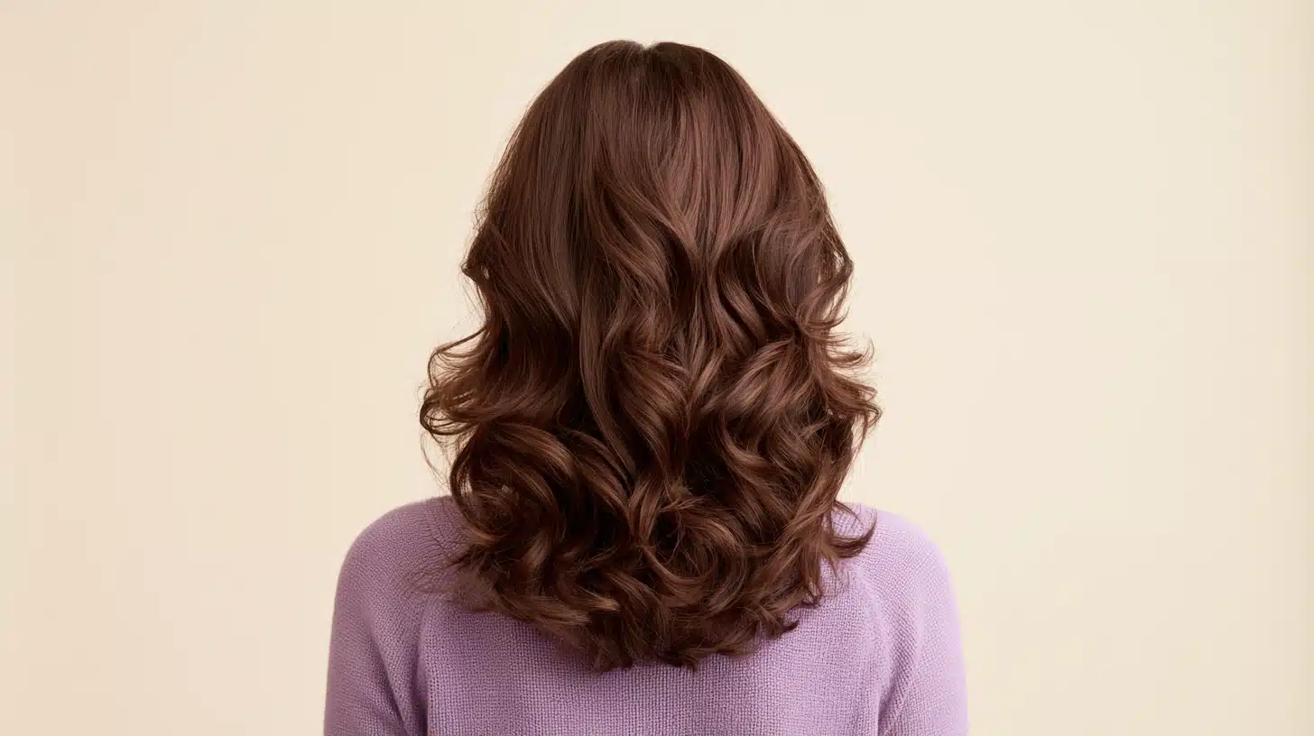 Back view of a woman with brown hair styled in voluminous waves from a perm treatment.
