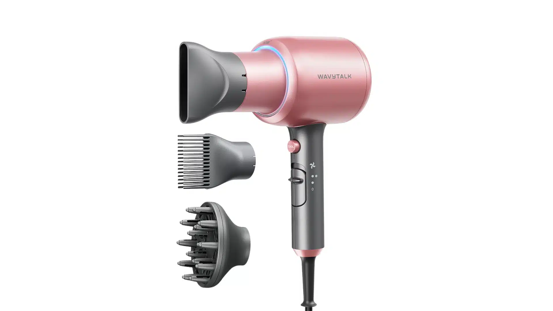 Pink Wavytalk hair dryer with concentrator, comb, and diffuser attachments.