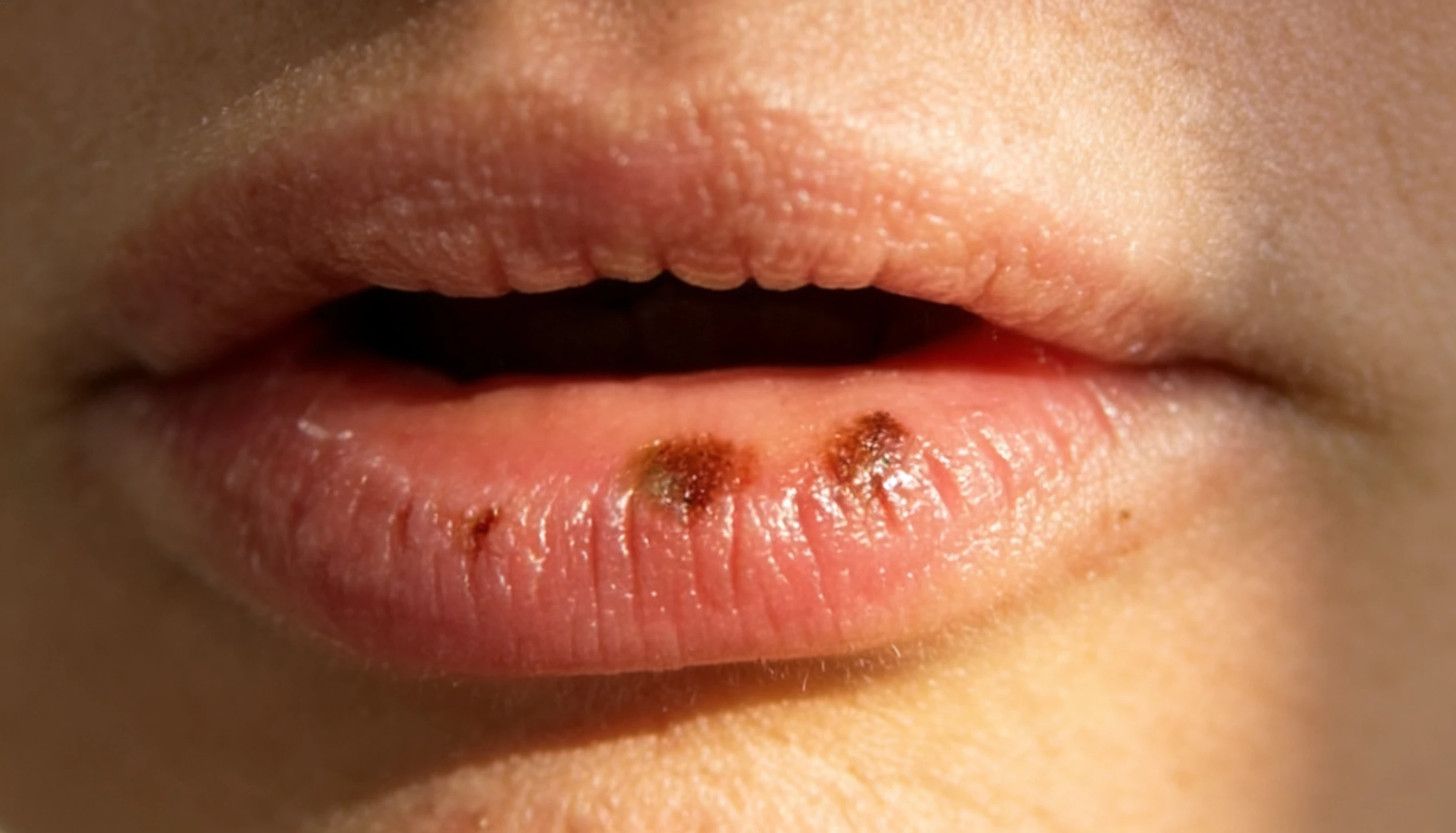 Side-by-side close-up showing dark spots directly on the lips on the left and a brown melasma patch above the upper lip on the right, highlighting the difference in location and appearance.