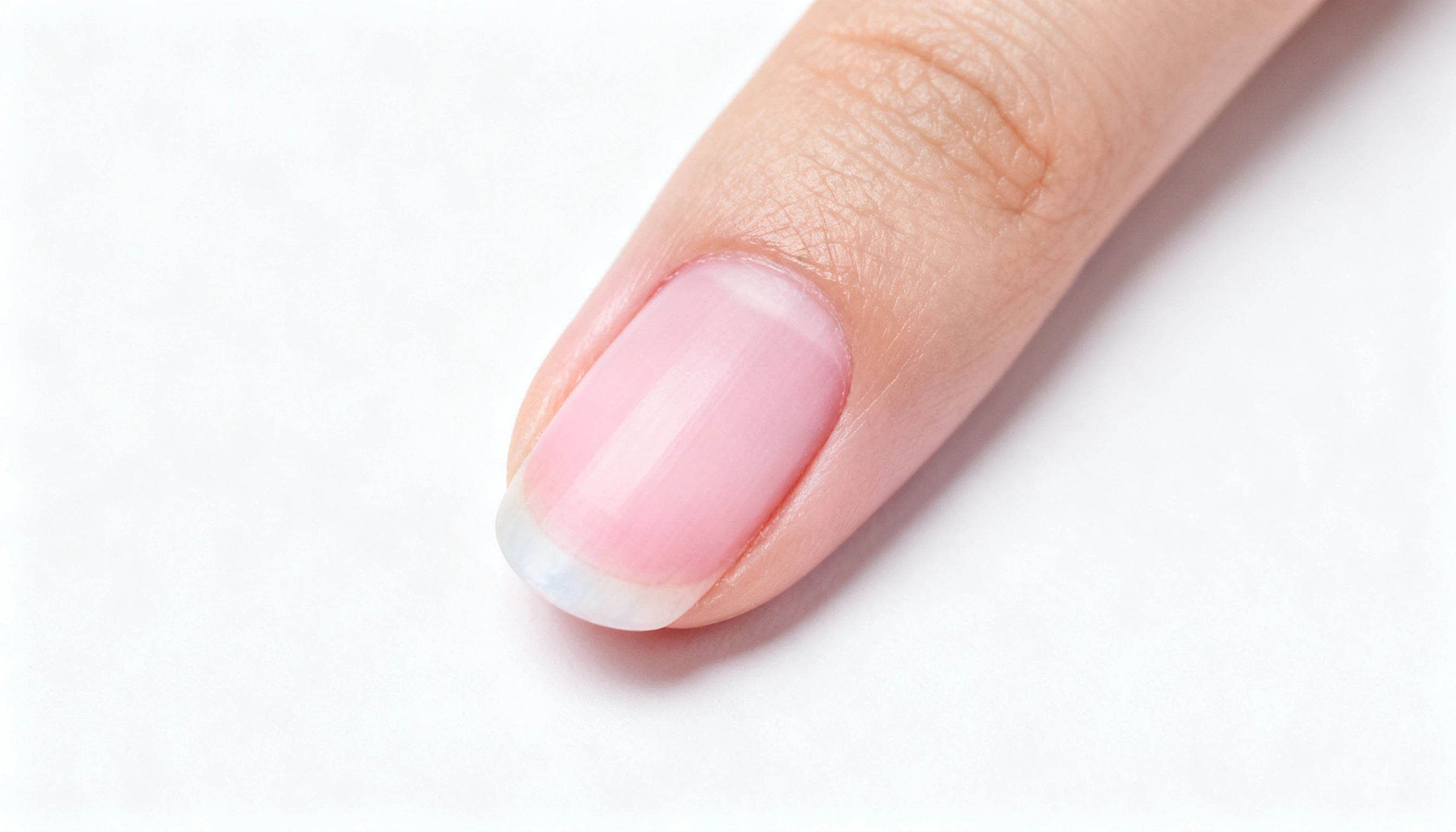 Close-up of a person's finger with a clean, clear fingernail against a white background.