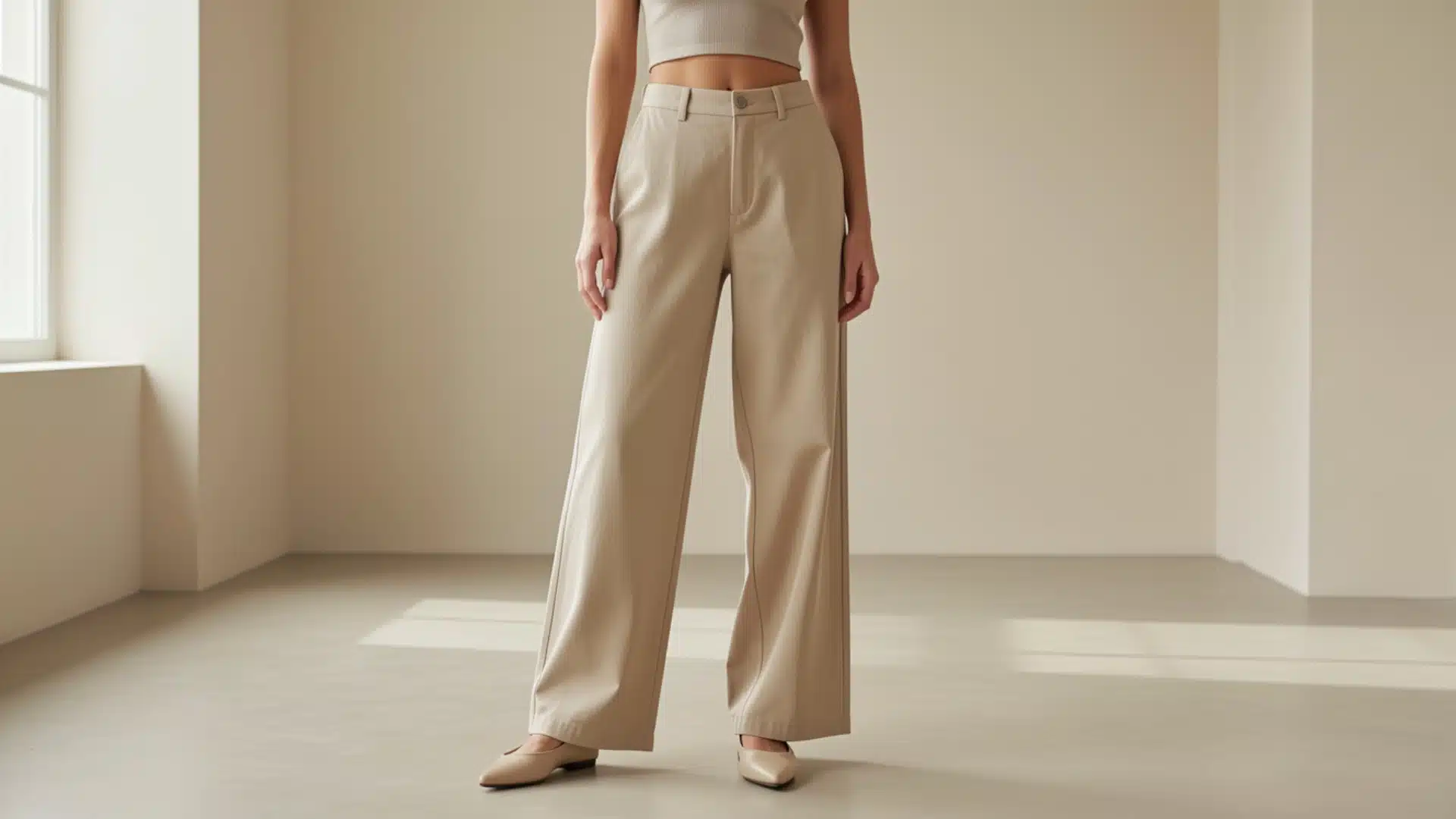 Model wearing beige wide leg chinos and matching pointed-toe flats in a minimalist room