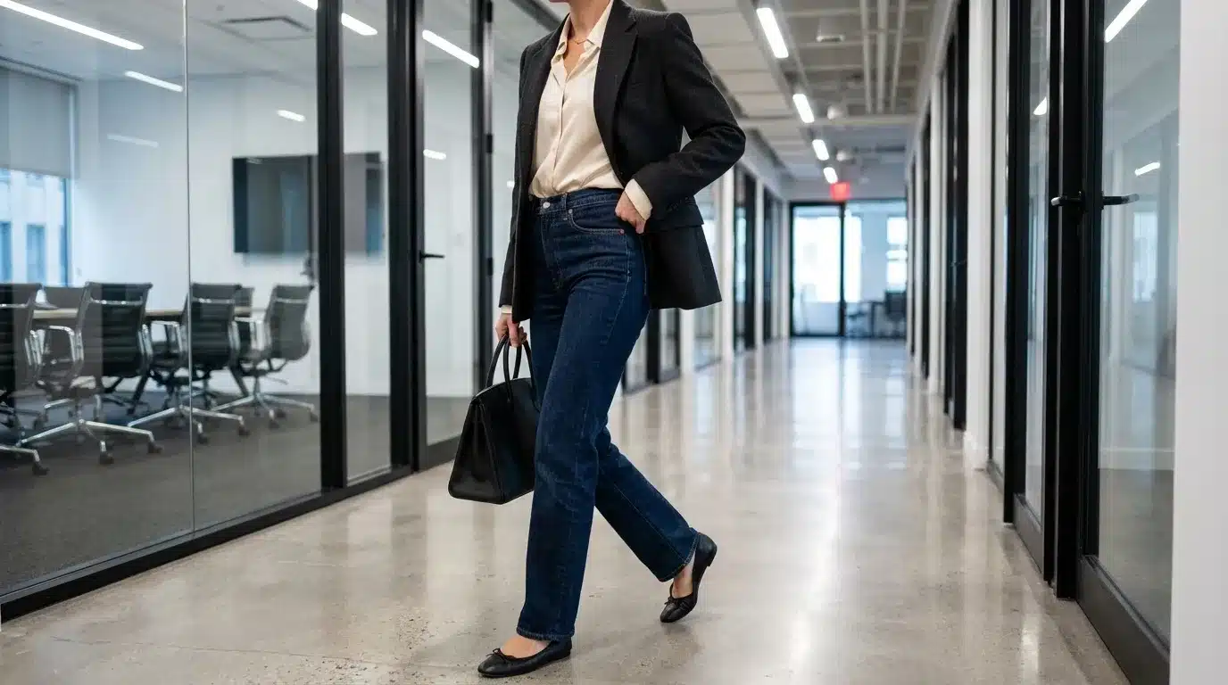 Woman in business casual attire walks down a modern office hallway lined with glass-walled conference rooms