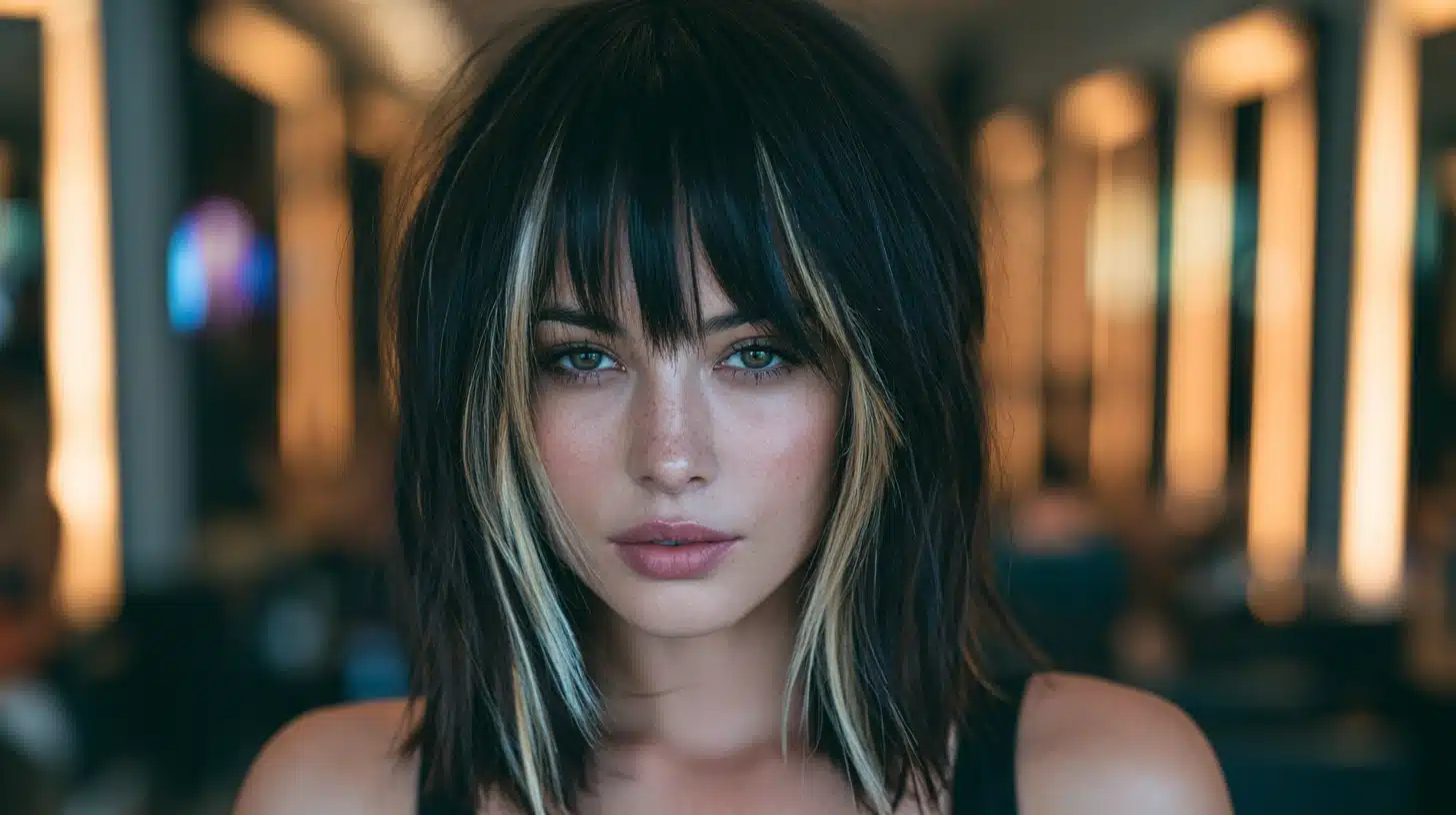 Two tone black hairstyle with blonde money pieces and blunt bangs in a realistic salon portrait with soft lighting